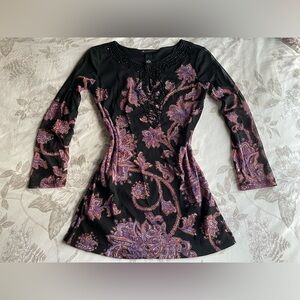 INC Y2K Purple Paisley Nylon Mesh Tunic Blouse Top XS Boho Fairy Whimsical Work